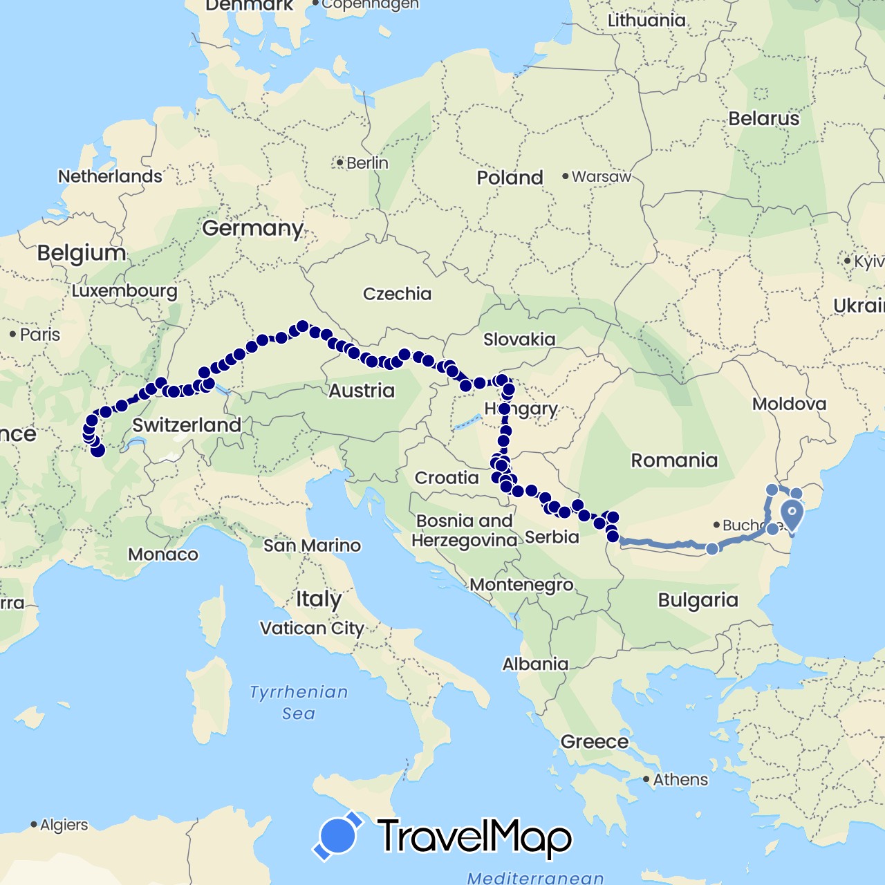 TravelMap itinerary: driving, cycling in Bulgaria, France, Romania (Europe)