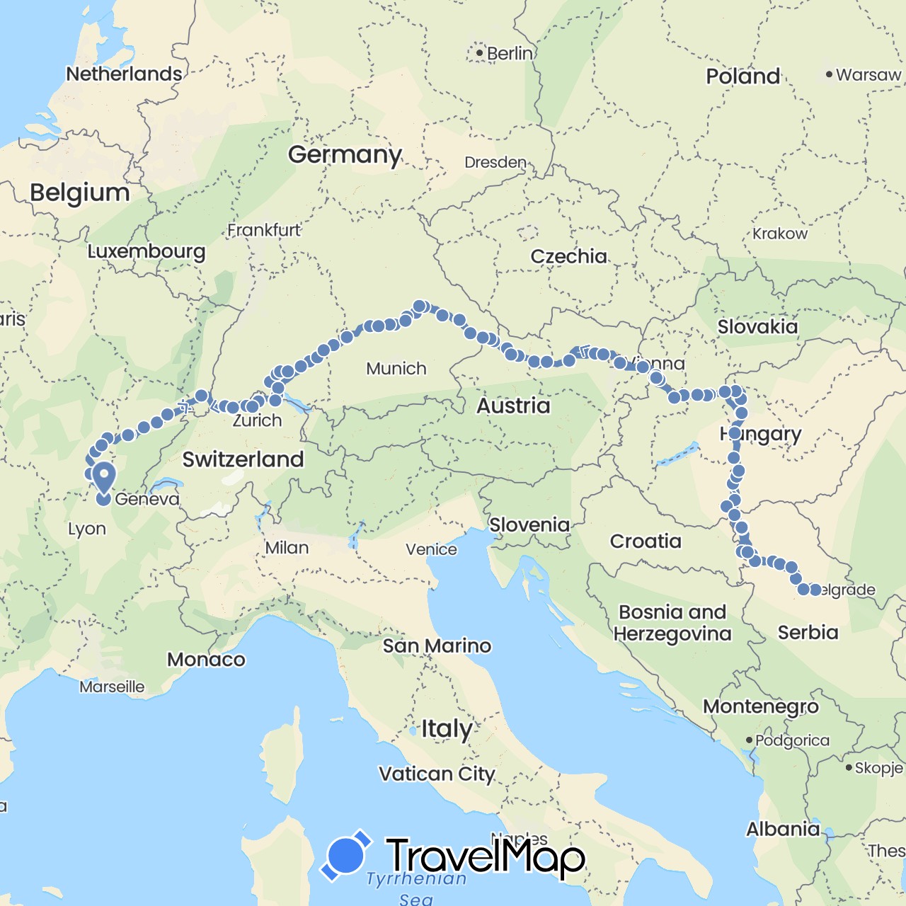 TravelMap itinerary: driving, cycling in Austria, Switzerland, Germany, France, Hungary, Serbia, Slovakia (Europe)