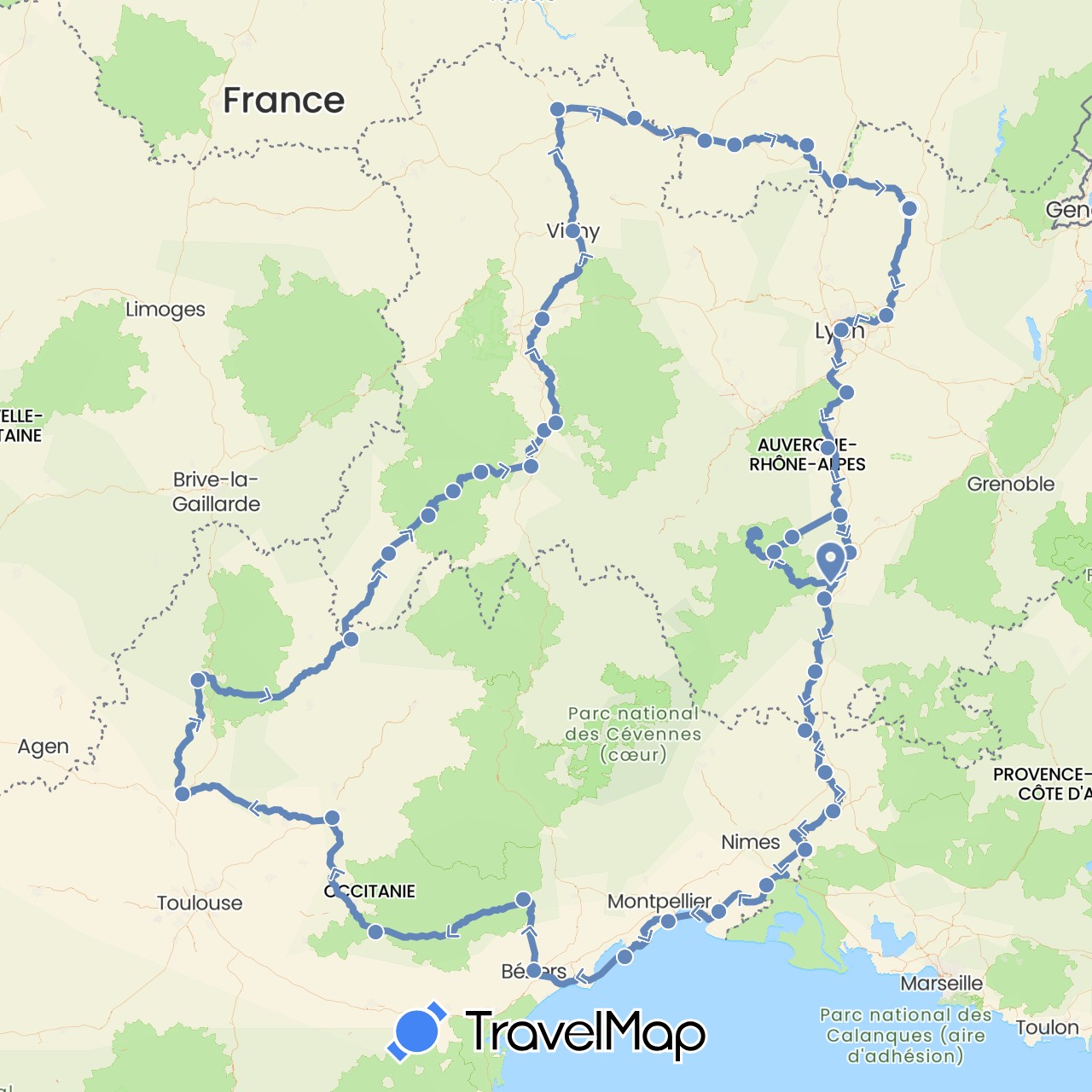 TravelMap itinerary: driving, cycling in France (Europe)